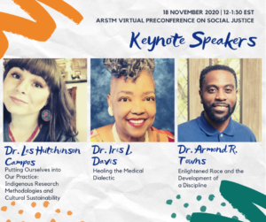 flyer advertising ARSTM@NCA preconference keynot on nov. 18, 12-1:30pm ET. Flyer includes photos and names for the 3 keynote speakers, along with their talk titles.